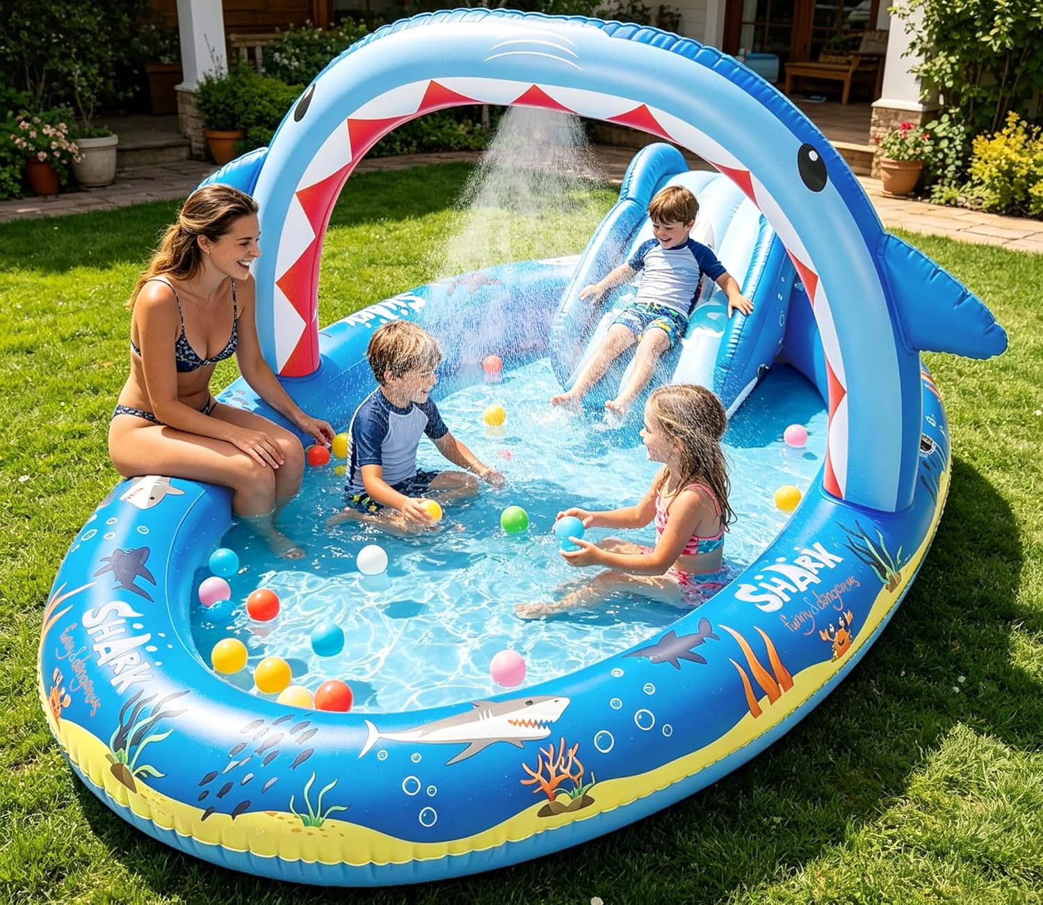 Sprinkler Splash Pad - Inflatable Shark Splash Pad with Slide